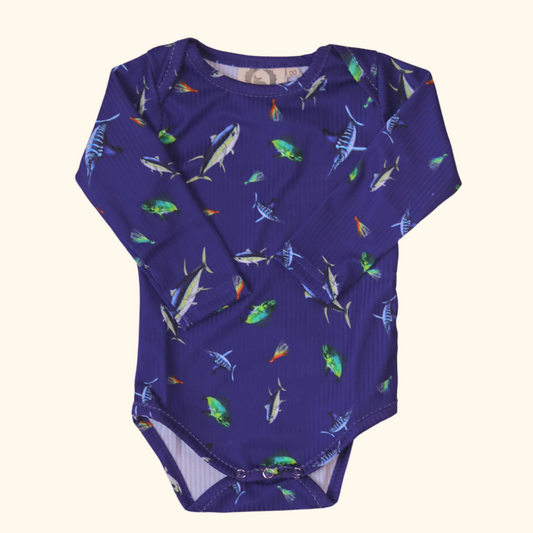 Little Fisher - Big Game Fishing - Long Sleeve Bodysuit - Deep Sea Blue