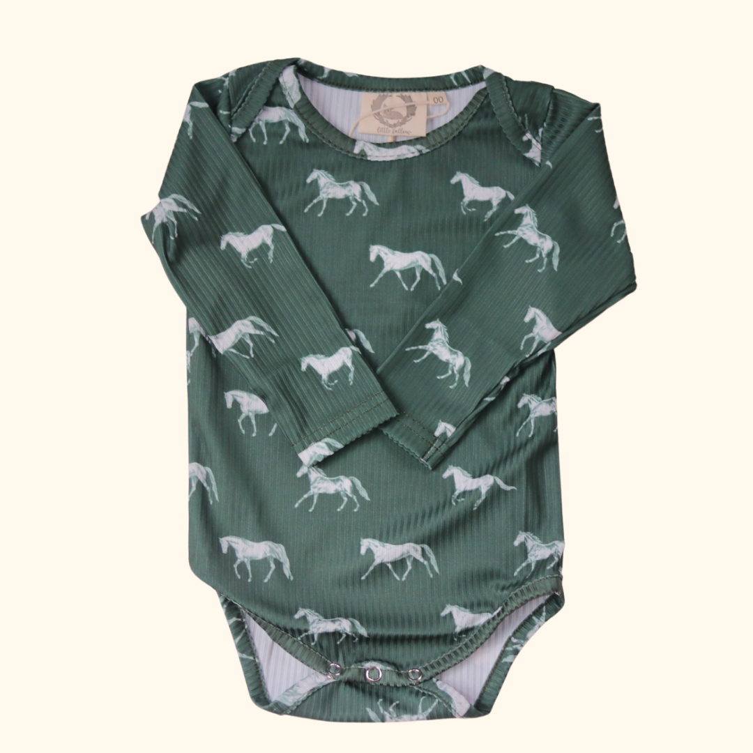 Little Horse & Hound- Vintage Horses -Long Sleeve Bodysuit - Olive