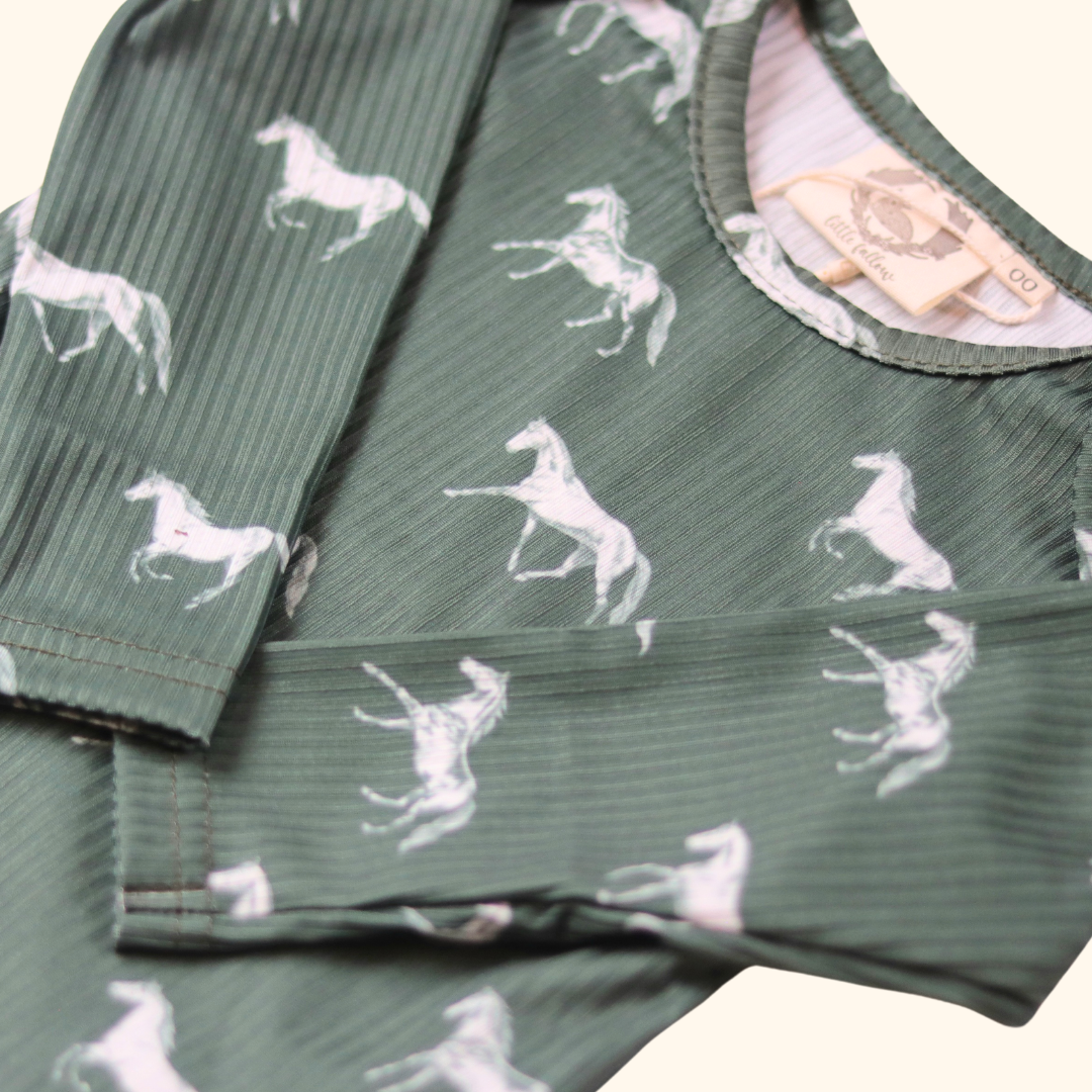 Little Horse & Hound- Vintage Horses -Long Sleeve Bodysuit - Olive