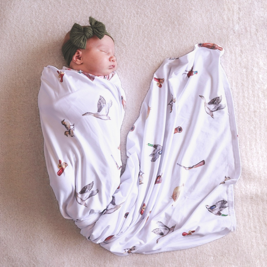 Duck Shooters - Bamboo Swaddle Wrap + Beanie - White
