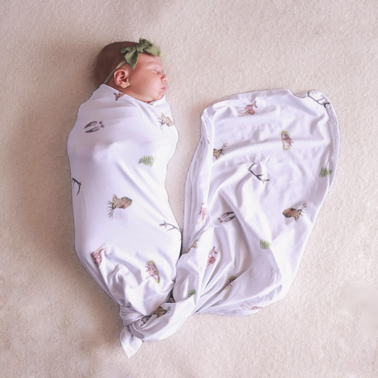 Whimsical - Bamboo Swaddle Wrap + Beanie - White