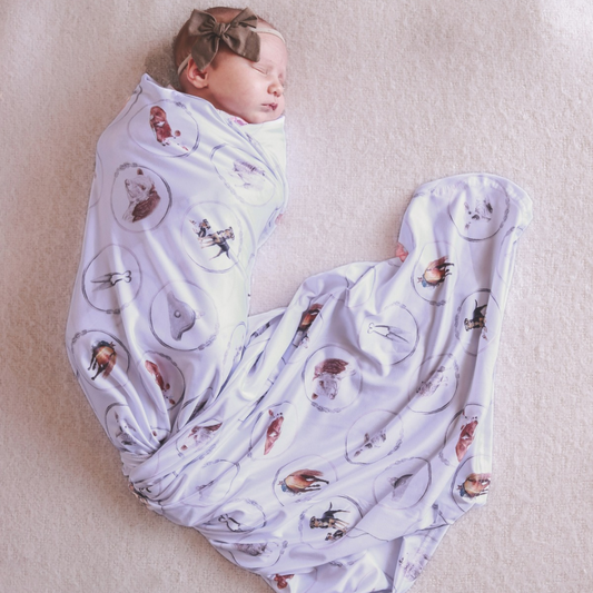 Sheep & Beef No8 Wire -  Bamboo Swaddle Wrap + Beanie - White