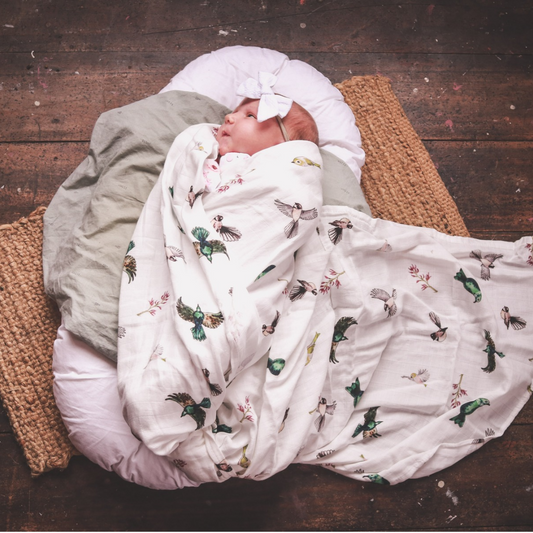 Native Birds - Bamboo Muslin Wrap - White