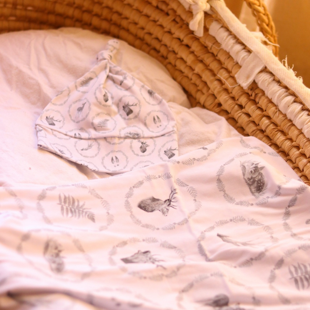 Whimsical Black & White Stretchy Bamboo Swaddle Wrap + Beanie