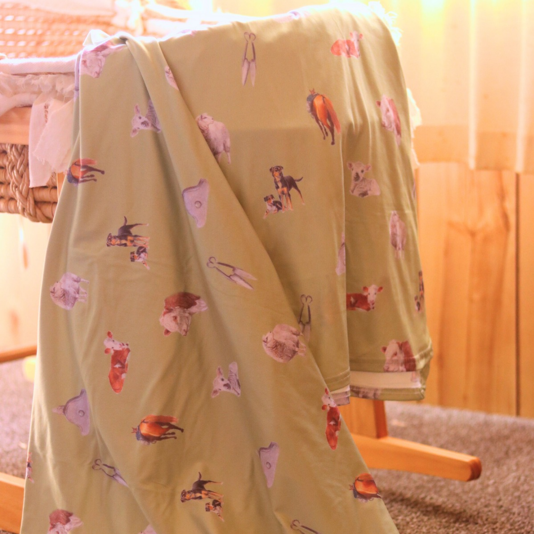 Sheep & Beef Multi Sage Stretchy Bamboo Swaddle Wrap + Beanie