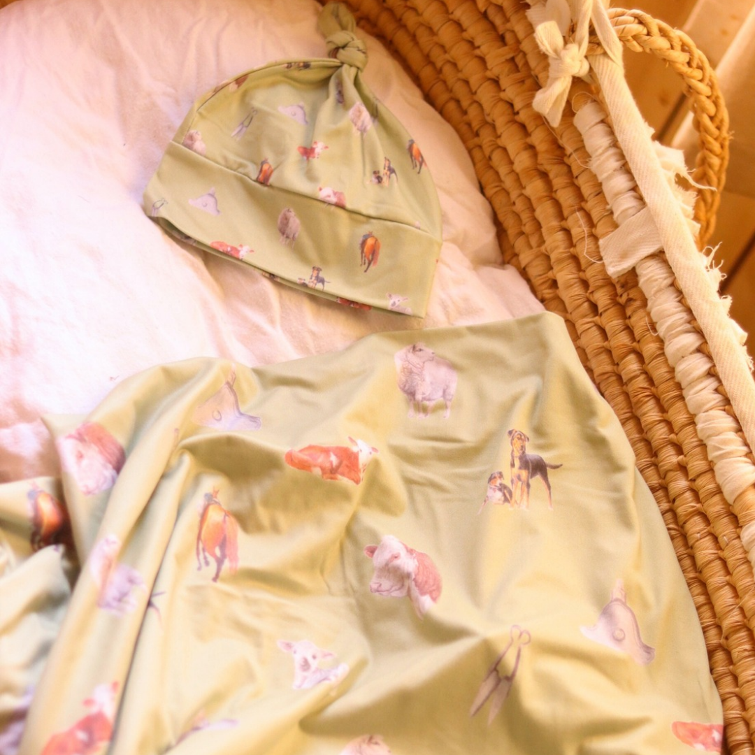 Sheep & Beef Multi Sage Stretchy Bamboo Swaddle Wrap + Beanie