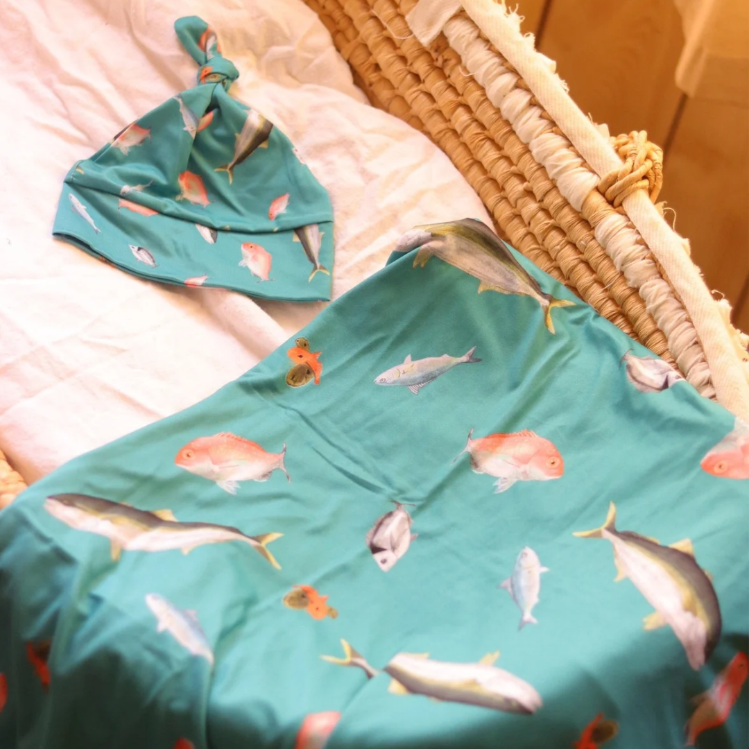 Fishing NZ Stretchy Bamboo Swaddle Wrap + Beanie