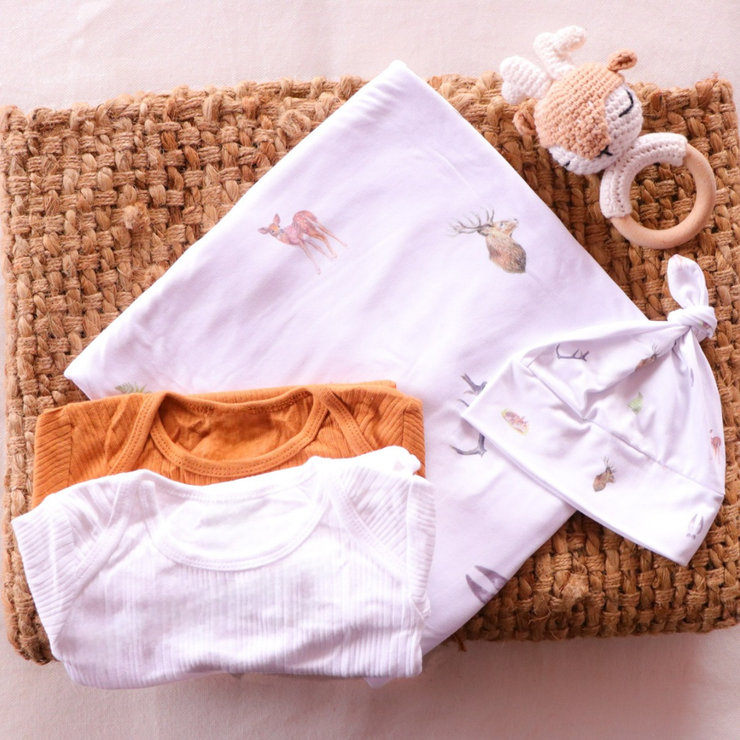 Whimsical White Stretchy Bamboo Swaddle Wrap + Beanie