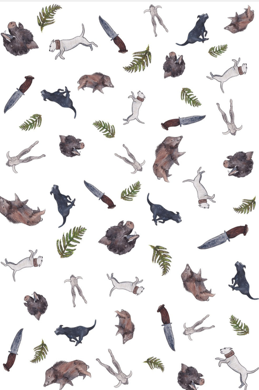 Pig Hunting Multi Print NZ Tea Towel - White