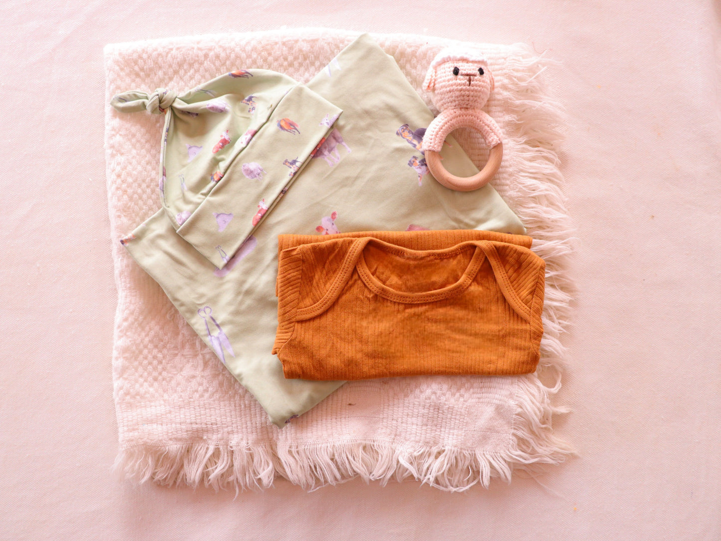 Sheep & Beef Multi Sage Stretchy Bamboo Swaddle Wrap + Beanie
