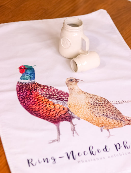 Pair of Ring-Necked Pheasants NZ Tea Towel - White