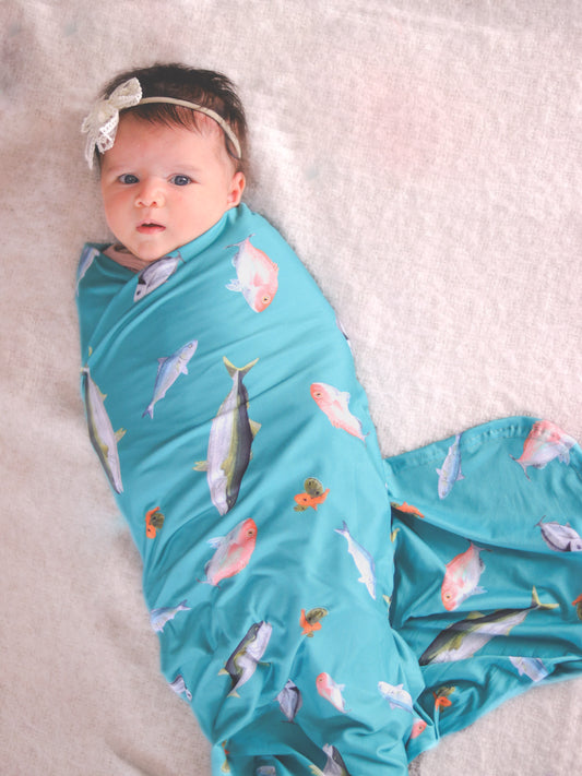 Fishing NZ - Bamboo Swaddle Wrap + Beanie - Sea Green