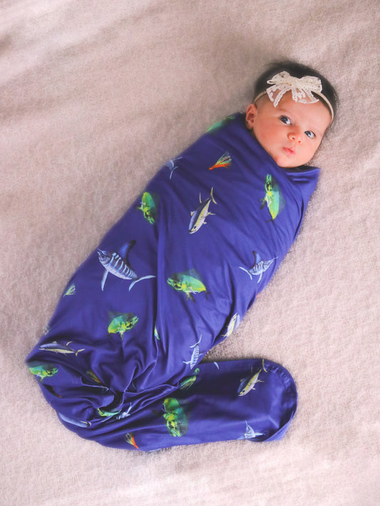 Big Game Fishing -  Bamboo Swaddle Wrap + Beanie - Deep Sea Blue