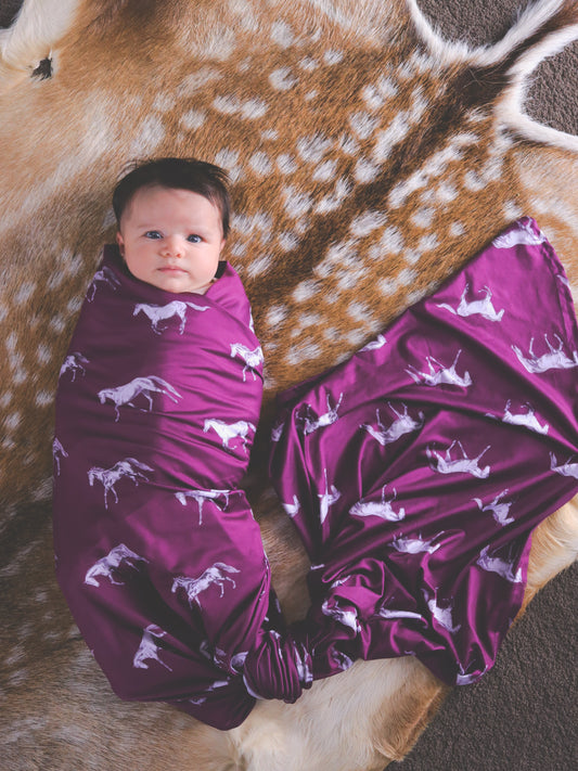 Vintage Horses - Bamboo Swaddle Wrap + Beanie - Fig