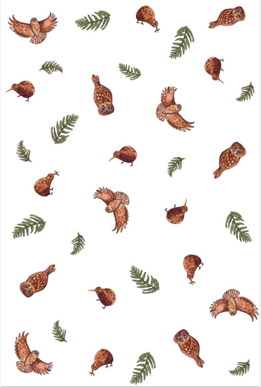 Ruru & Kiwi - NZ Tea Towel - White
