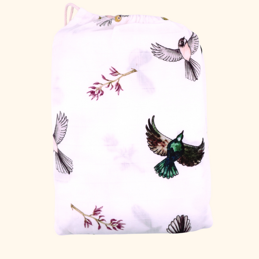 Native Birds - Bamboo Muslin Wrap - White