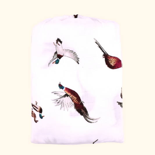 Pheasants & Ducks - Bamboo Muslin Wrap - White