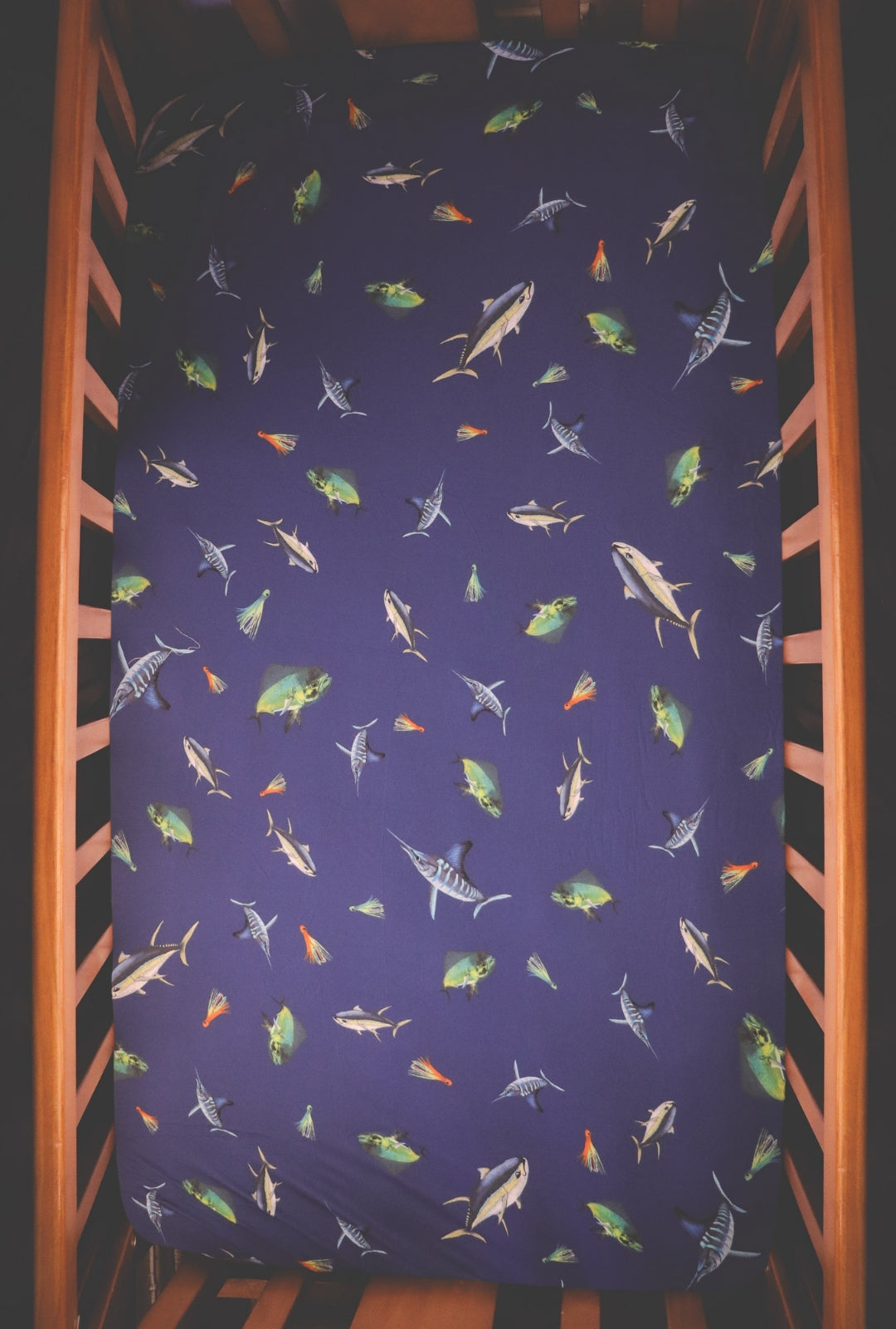 Big Game Fishing - Bamboo Fitted Cot Sheet - Deep Blue