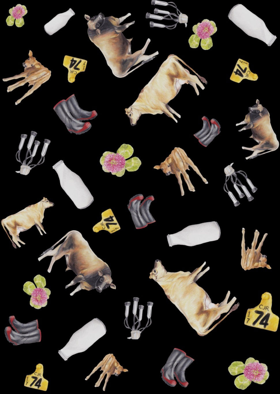 Jersey Cattle Multi Print NZ Tea Towel -Black