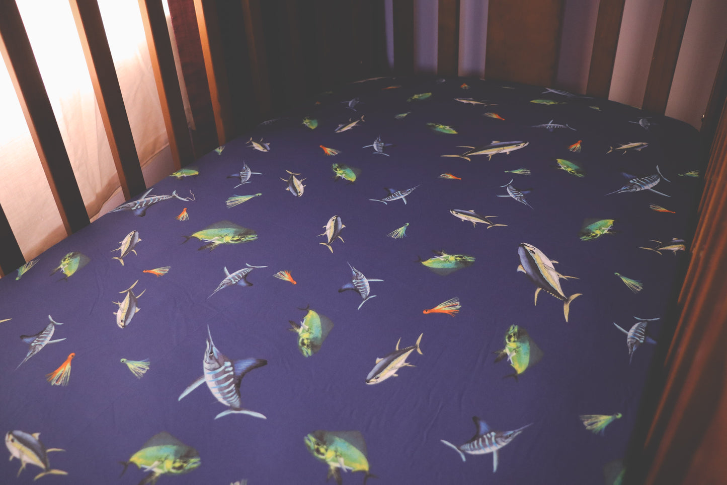 Big Game Fishing - Bamboo Fitted Cot Sheet - Deep Blue