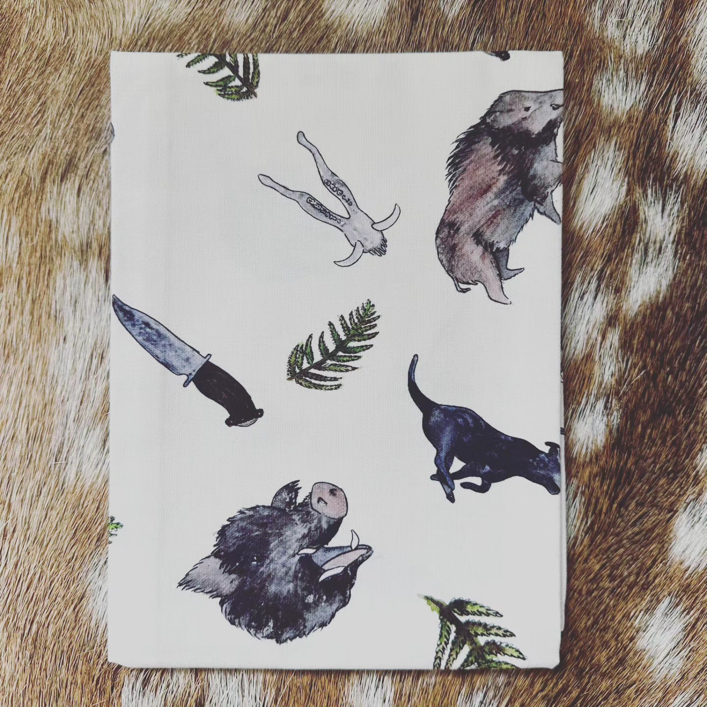 Pig Hunting Multi Print NZ Tea Towel - White