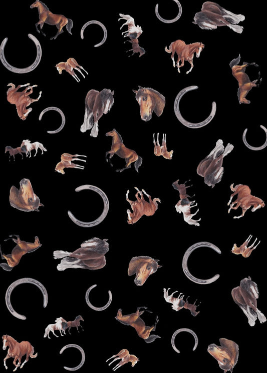 Horses Multi Print NZ Tea Towel - Black