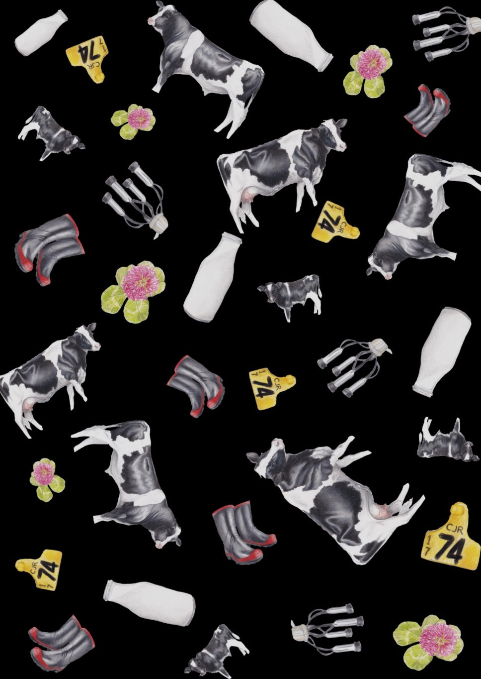 Friesian Cattle Multi Print NZ Tea Towel -Black