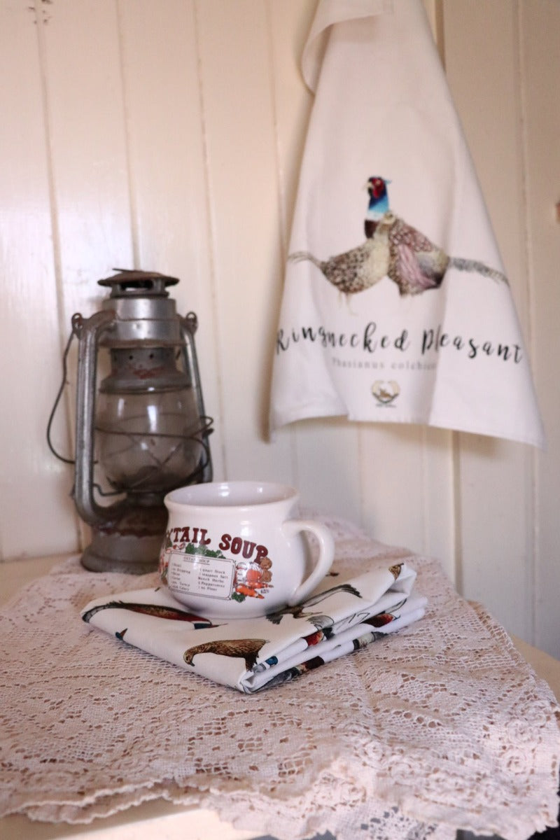 hand drawn NZ design linen tea towel to be linked to seo website sample unique gamebird tea towel sold by little fallow New Zealand