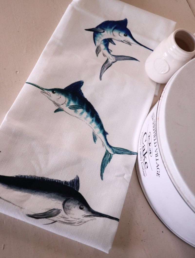 hand drawn NZ design linen tea towel to be linked to seo website sample unique fishing tea towel sold by little fallow New Zealand