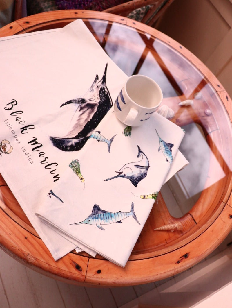 hand drawn NZ design linen teatwoel to be linked to seo website sample unique fishing tea towel sold by little fallow New Zealand