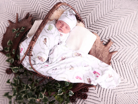 Whimsical Ferns - Bamboo Swaddle Wrap + Beanie - White