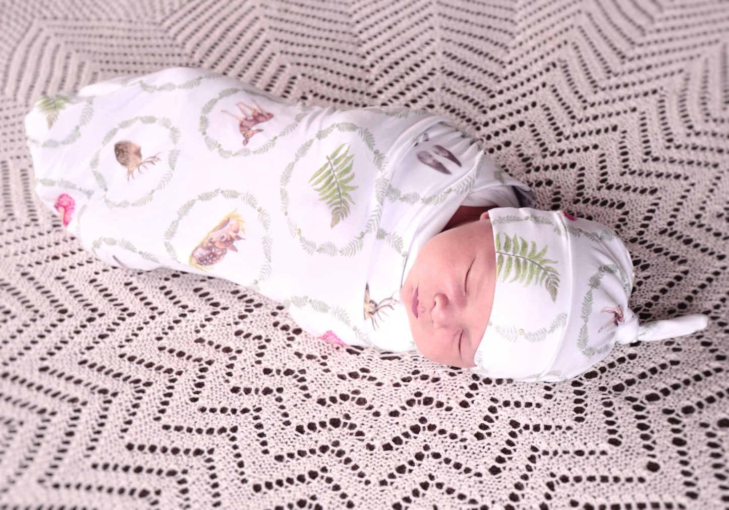Whimsical Ferns - Bamboo Swaddle Wrap + Beanie - White