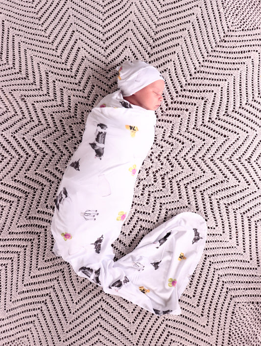 Friesian Cow - Bamboo Swaddle Wrap + Beanie - White