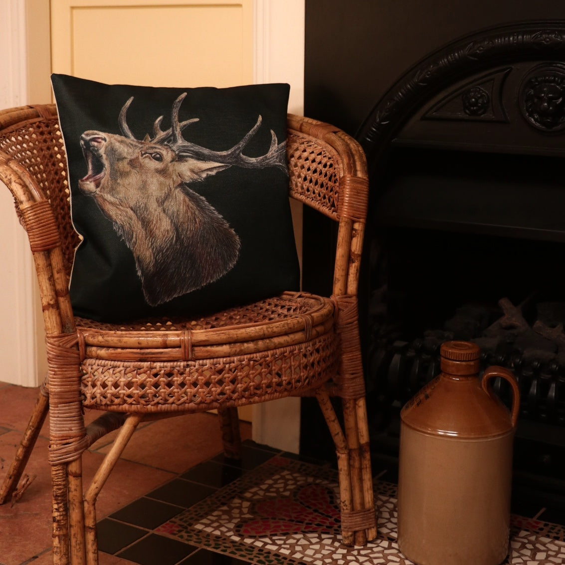 Linen Roaring Stag Cushion - Black