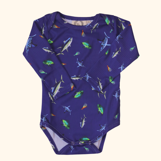 Little Fisher- Big Game Fish Long Sleeve Bodysuit - Deep Blue