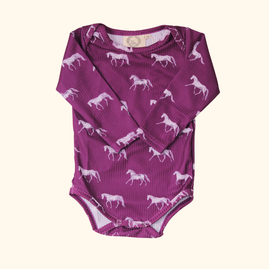 Little Horse & Hound- Vintage Horses Long Sleeve Bodysuit - Fig