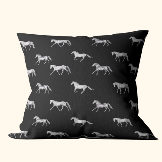 Vintage Horses - Linen Cushion Cover - Black