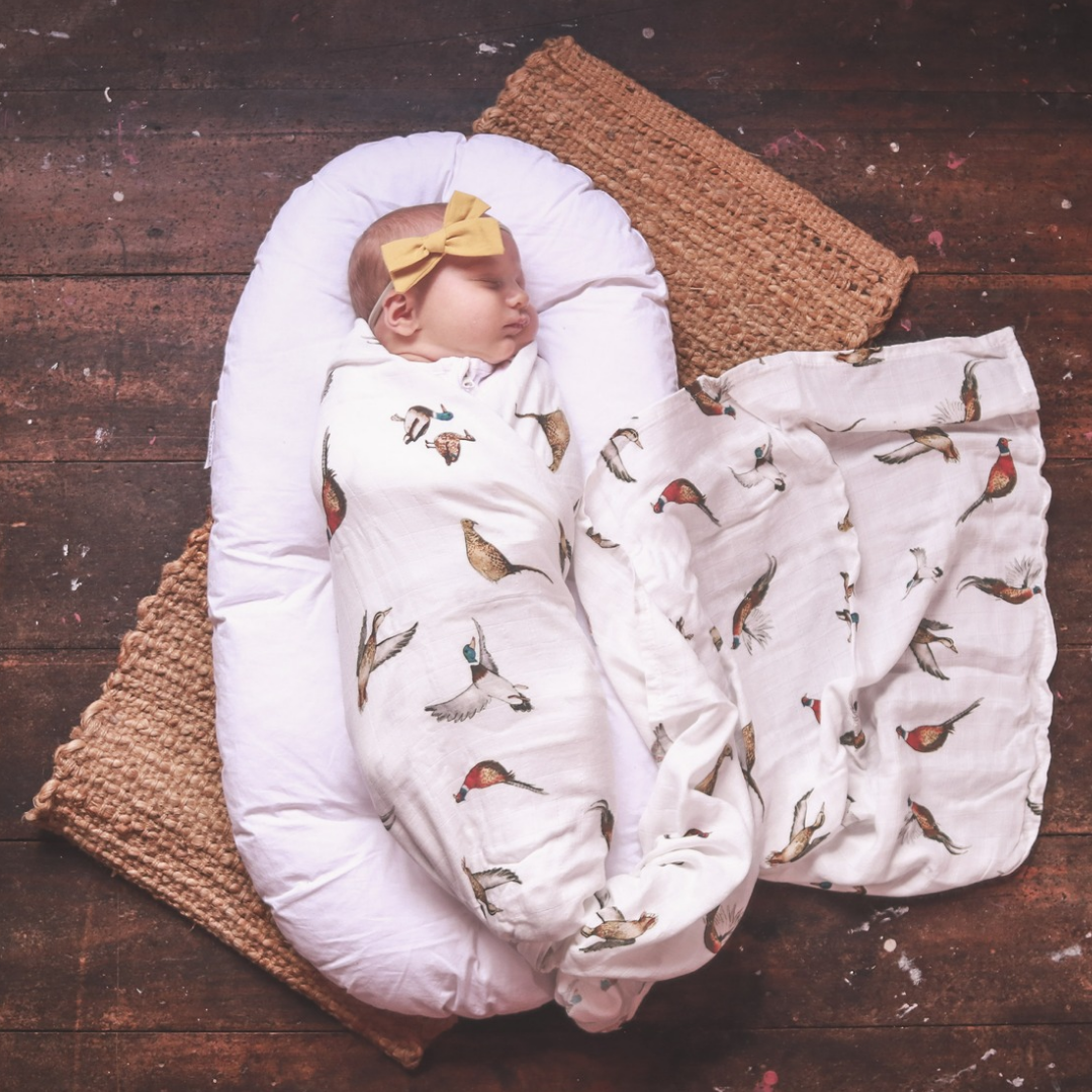 Pheasants & Ducks White Bamboo Muslin Wrap