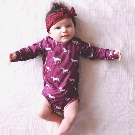 Little Horse & Hound- Vintage Horses Long Sleeve Bodysuit - Fig