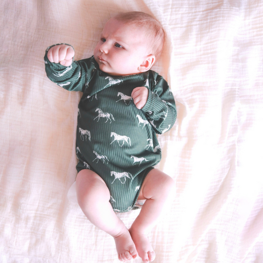 Little Horse & Hound- Vintage Horses Long Sleeve Bodysuit - Olive