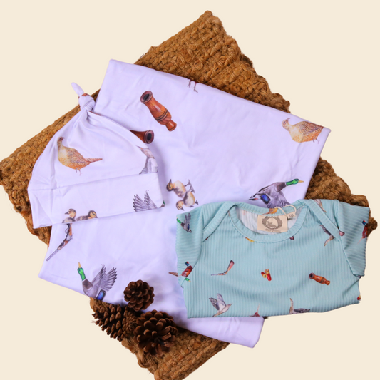 Duck Shooters - Bamboo Swaddle Wrap + Beanie - White