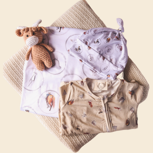 Sheep & Beef No8 Wire -  Bamboo Swaddle Wrap + Beanie - White