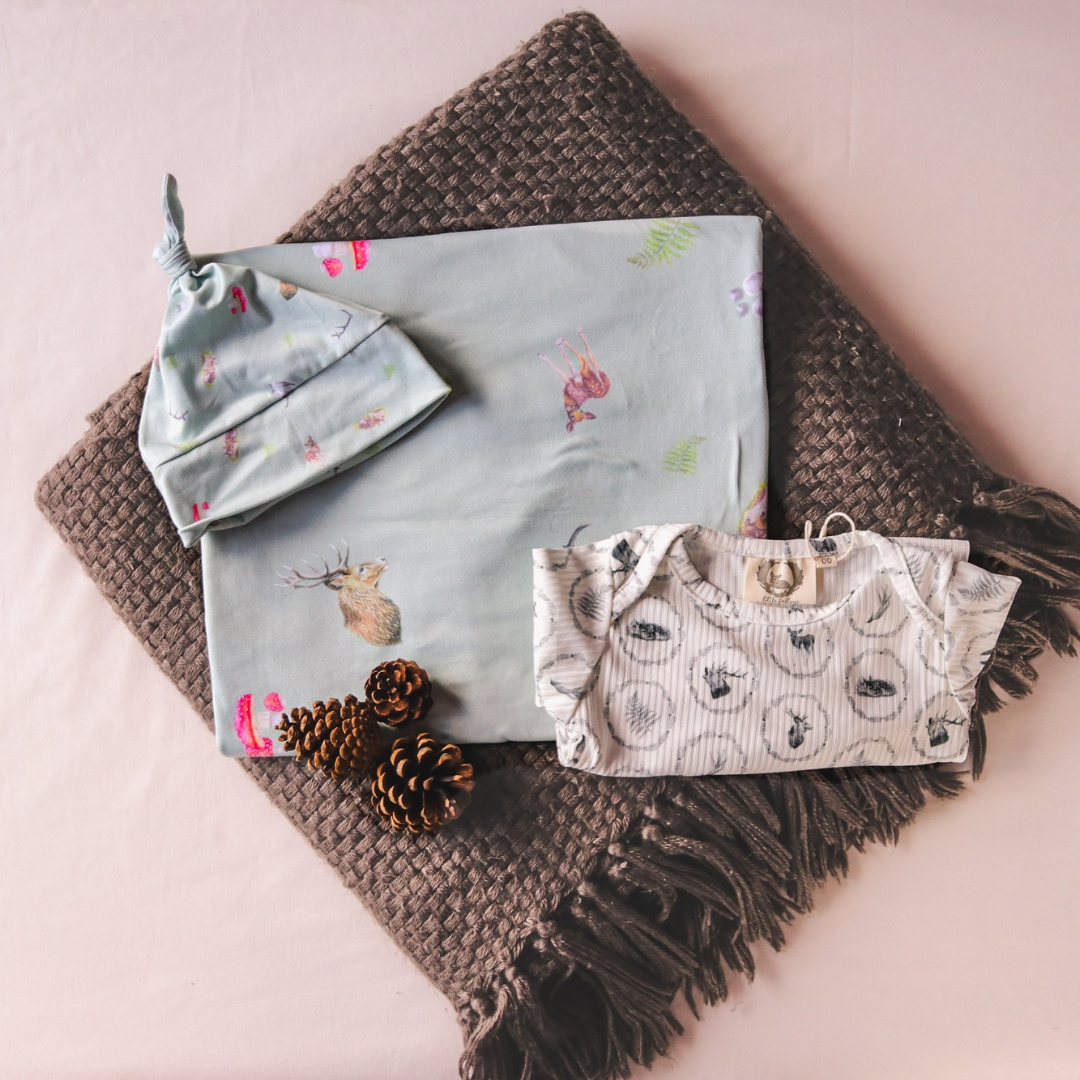 Whimsical Sage Stretchy Bamboo Swaddle Wrap + Beanie