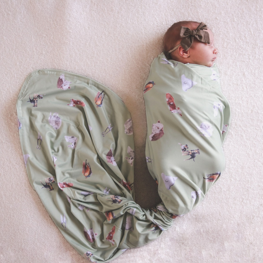 Sheep & Beef Multi Sage Stretchy Bamboo Swaddle Wrap + Beanie