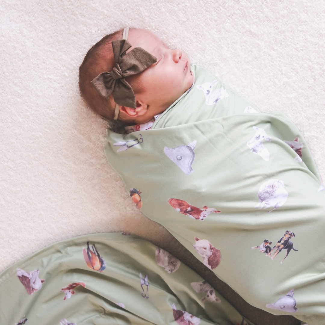 Sheep & Beef Multi Sage Stretchy Bamboo Swaddle Wrap + Beanie