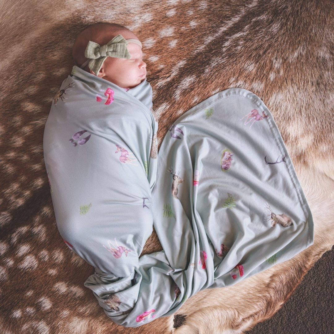 Whimsical Sage Stretchy Bamboo Swaddle Wrap + Beanie