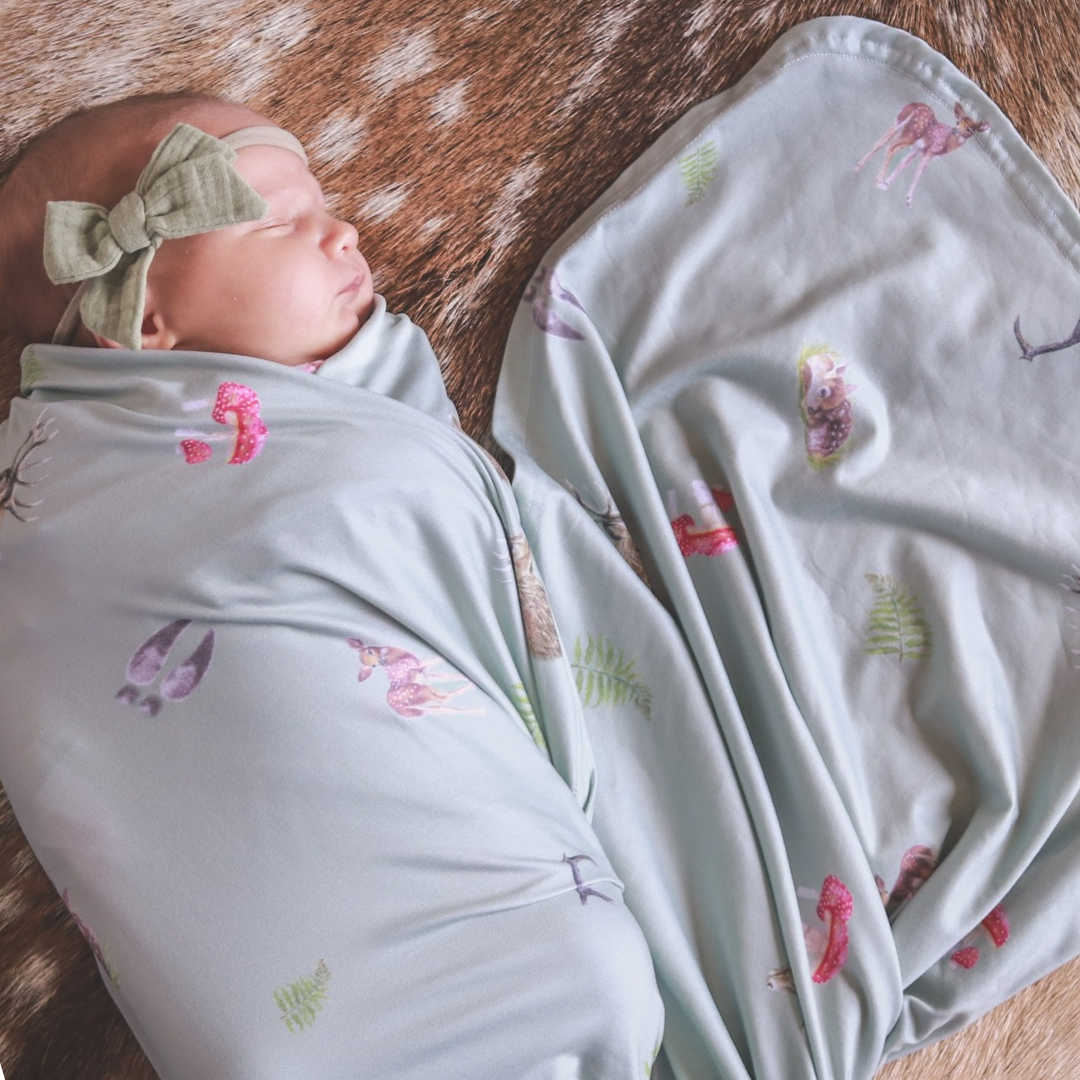 Whimsical Sage Stretchy Bamboo Swaddle Wrap + Beanie