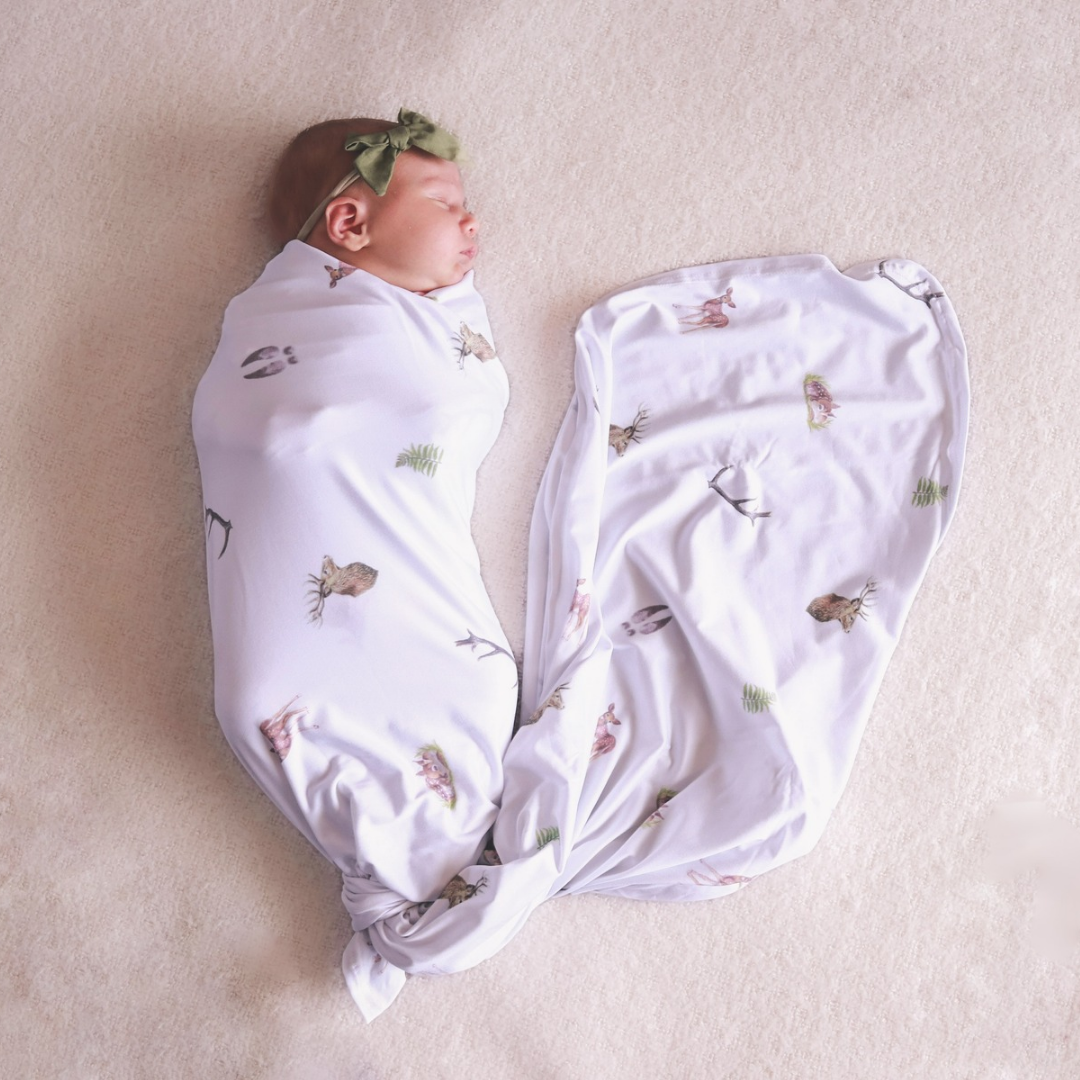 Whimsical White Stretchy Bamboo Swaddle Wrap + Beanie