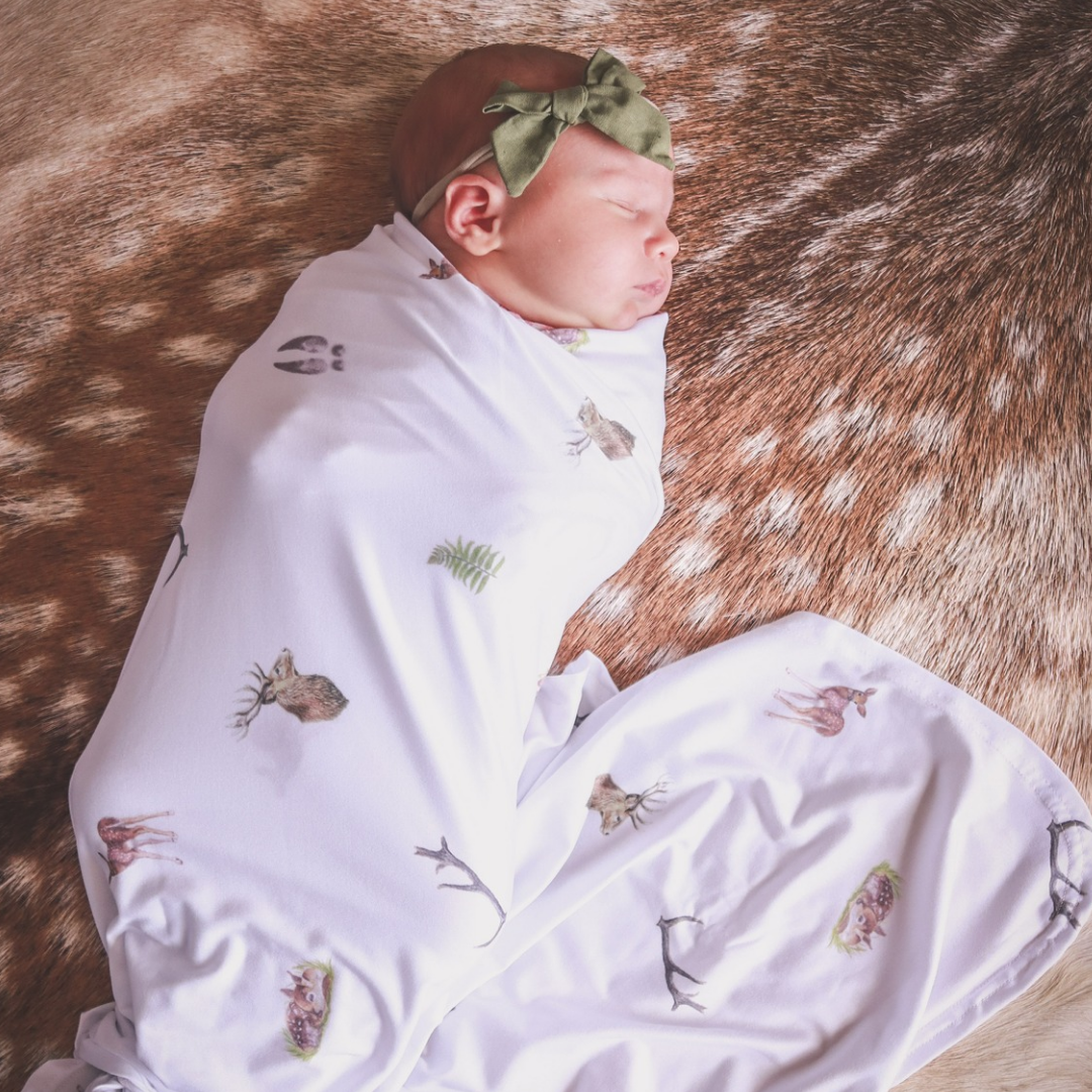 Whimsical White Stretchy Bamboo Swaddle Wrap + Beanie