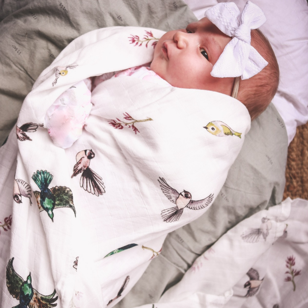 Native Birds White Bamboo Muslin Wrap